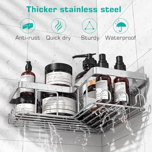 YASONIC Corner Adhesive Shower Caddy, with Soap Holder and 12 Hooks, Rustproof Stainless Steel Bathroom Organizer, No Drilling Wall Mounted Rack, Brushed Silver, 3-Pack - Image 3