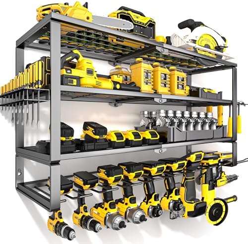 YYR Large Power Tool Organizer Wall Mount, Heavy Duty Metal Cordless Drill Storage Rack with Battery Charging Station Shelf, Utility Racks for Garage Organization, 4 Layer 10 Drills Holder Extra Tall by YYR