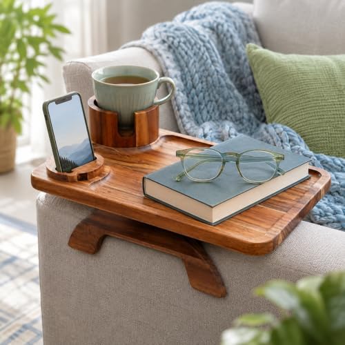 Couch Cup Holder Tray, 3 in 1 Acacia Wood Sofa Arm Clip On Tray Table with 360° Rotating Phone Holder | Couch Armrest Tray for Sofa, Recliner & Chair, Wood Side Table Tray with Drink Holder - Image 6