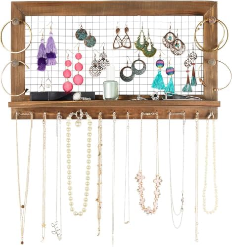 Rustic Jewelry Organizer Wall Mount with Bracelet Pegs-Necklace Holder Earring Hanger-Hanging Mounted Wooden Shelf to Display Earrings Necklaces and Accessories - Image 3
