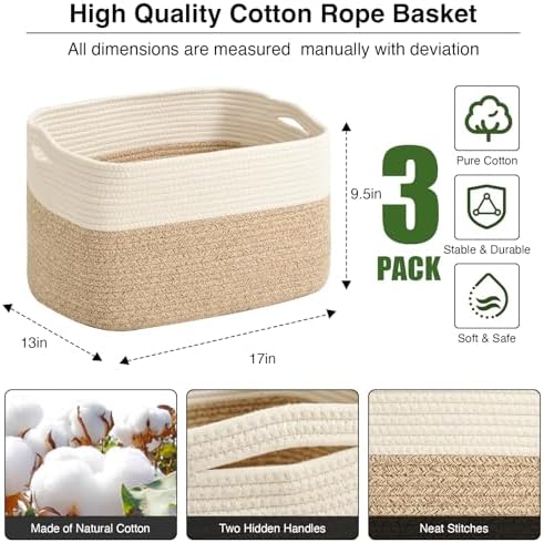 ICERZCZ Large Storage Baskets for Organizing Shelves, Woven Cotton Rope Bins for Baby Nursery Organization, Book Toy Towel Organizer, 17"x13"x9.5", 3 Packs, Off White & Brown - Image 3
