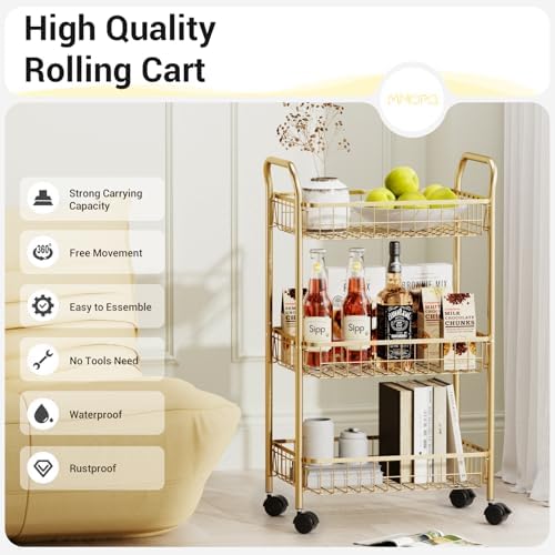 3 Tier Rolling Utility Cart, Storage Trolley Service Cart with Wheels Easy Assembly for Kitchen, Living Room, Office, Salon, Gold - Image 6