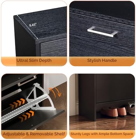VINGLI Black Shoe Cabinet for Entryway, Ultra Slim Shoe Rack Storage with 4 Flip Drawers, Modern Narrow Shoe Organizer for Hallway, Hidden Sneaker Cupboard, 42 Inch Wide - Image 5