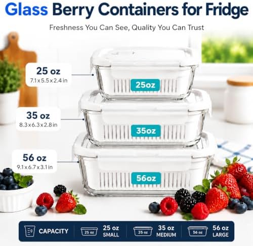 Glass Berry Container for Fridge, 3 Pack, 56oz 35oz 25oz, with Removable Colander and Vent Valve, Fresh Produce Storage Set(White) - Image 2