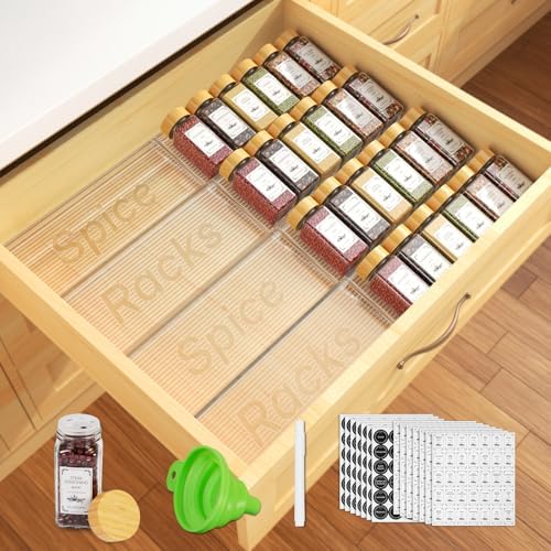 24 Spice Jars with Spice Drawer Organizer, 355 Spice Labels, 2 Pack Expandable From 11'' to 21'' Acrylic Spice Rack for Drawer, Seasoning Containers Storage Organization for Kitchen Cabinet Countertop by Agotglmi