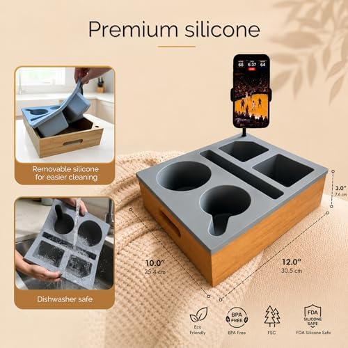 Couch Caddy with Cup Holder | Wood Couch Cup Holder Tray for Drinks, Snacks & Remotes | Sofa Couch Organizer with Phone & Cup Holder Tray (Grey) - Image 5