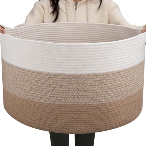 OIAHOMY 90L Extra Large Blanket Basket - Decorative Cotton Rope Storage Basket for Bedroom, Living Room & Nursery - Woven Laundry Hamper for Organizing Blankets, Clothes & Toys - Gardient Light Brown by MasterofSpaceOptimization