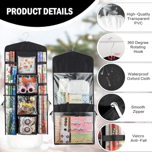 Christmas Wrapping Paper Organizer Storage, Hanging Gift Bag Storage Organizer, Double-Sided Wrapping Paper Holder Storage - Black - Image 4