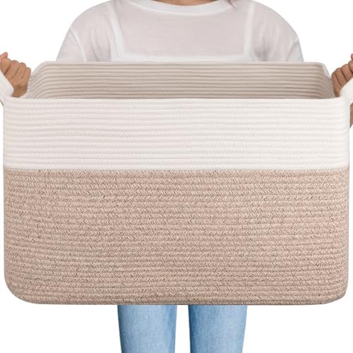 OIAHOMY Extra Large Blanket Basket, 95L Cotton Rope Woven Laundry Basket, Toy Bin for Baby Room, Container for Blanket Storage in Living Room, 24''×17''×14'', Brown & White by MasterofSpaceOptimization