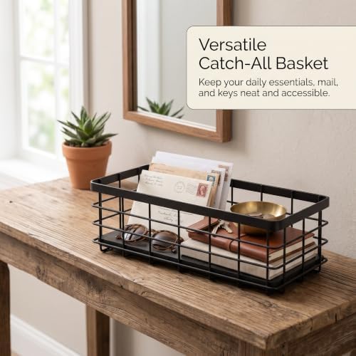 Small Metal Wire Storage Basket with Wood Base (Black+Black, 4 Pack) - Image 6