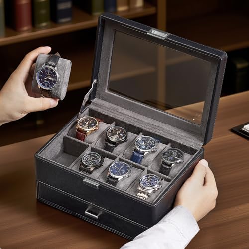 ProCase Premium Watch Box for Men, Jewelry Organizer Box with Drawer, Display Storage Case with Glass Lid -Black, 8 Slot - Image 6
