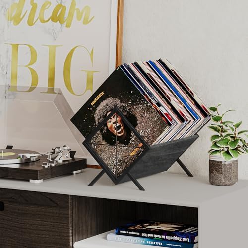 YINMIT Vinyl Record Holder, 80-100 LP Vinyl Record Storage Rack, Quick Assembly Vinyl Record Display, Retro Style Organizer for Magazine, Book, Files, Albums (Grey, 1 Tier) - Image 2
