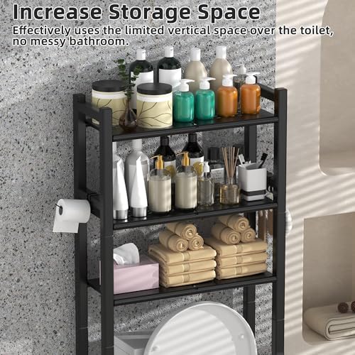 Livilord 3 Tier Over The Toilet Storage Rack with Toilet Paper Holder, Metal Freestanding Bathroom Shelves with 4 Hooks, Over Toilet Storage Shelf for Bathroom Storage, Black - Image 7