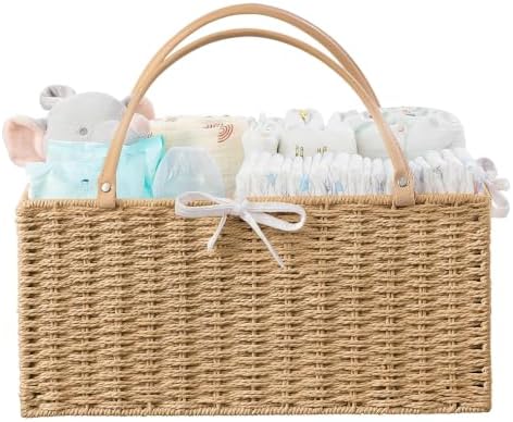 HBlife Large Baby Diaper Caddy Organizer, Paper Rope Storage Baskets Nursery Bin with Removable Divider, Portable Car Organizer for Diapers, Baby Shower Gifts, Newborn Essentials Must Haves by HBlife