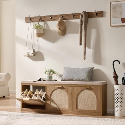 Rattan Narrow Entryway Bench with Shoe Storage, 3 Flip Drawers & Coat Rack, Mid-Century Modern Wood Shoe Cabinet with Seat Cushion for Foyer/Hallway (Rustic Oak Rattan) by WINWY