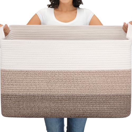 OIAHOMY Extra Large Blanket Basket, 110L Cotton Rope Woven Laundry Basket, Toy Bin for Baby Room, Container for Blanket Storage in Living Room, 24.8''×17.3''×15.8'', Gradient Brown by MasterofSpaceOptimization