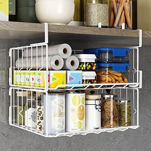 Hanging Under Shelf Storage Basket, 2 Pack Foldable Under Cabinet Metal Desk Storage Wire Rack Organizer for Kitchen Pantry Bookshelf Office Home, Easy to Install Slide-in Under Shelves (White) - Image 5