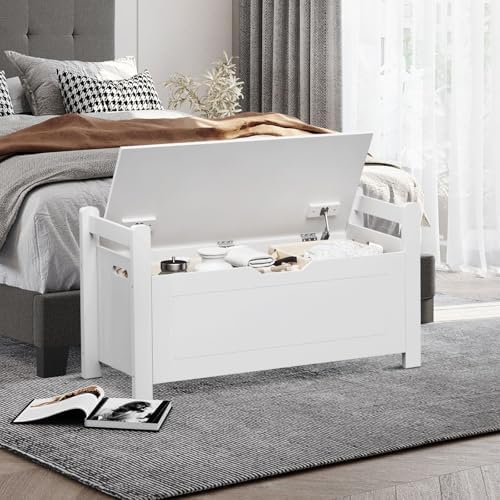 Storage Chest, Storage Bench with Cushion Seat, Toy Chest, Wooden Toy Box with 2 Safety Hinges, Shoe Bench, for Entryway, Living Room, Bedroom, White - Image 5