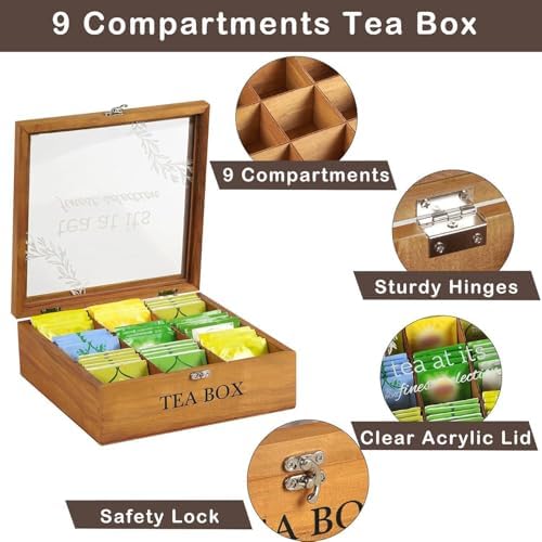 Wooden Tea Box,Farmhouse Tea Storage Organizer,9-Slot,Clear Lid - Image 4