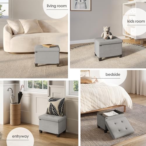 Storage Ottoman Cube with Small Bin, 16-in Square Ottoman with Storage for Living Room and Bedroom, Small Ottomans Foot Rest, Fabric Foot Stools Ottomans Max 330lbs, Light Grey - Image 4