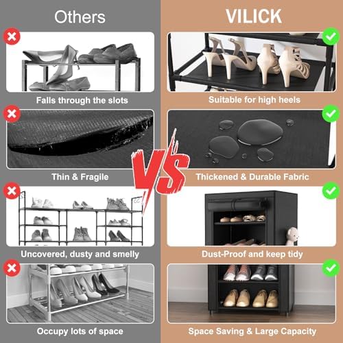 VILICK Shoe Rack with Cover Narrow Shoe Organizer with 4 Side Pockets 10 Tier Tall Shoe Storage Holds 18-22 Pairs Shoes and Boots Shoe Rack for Closet Entryway Garage - Image 5