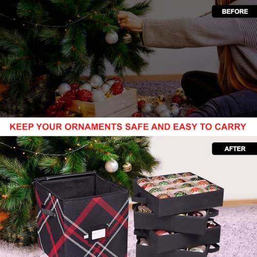 Christmas Ornament Storage Box | 4 Individual Trays with Dividers | Holiday Organizer Container | Fits 64 Ornaments Decoration Balls Holder | Strong Oxford Material (Plaid) - Image 5
