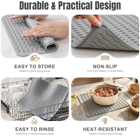 2 Pack Silicone Dish Drying Mat for Kitchen Counter Heat Resistant Pads Hot Dishes Waterproof with Under Sink Soap Holder Coffee Bar Accessories Women Gifts Large 18"x16" Light Gray - Image 6
