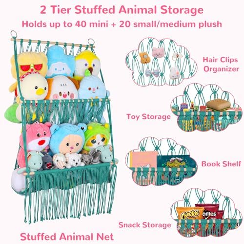 2 Tier Stuffed Animal Storage Net, Large Boho Stuffy Plushies Storage,Aqua - Image 6