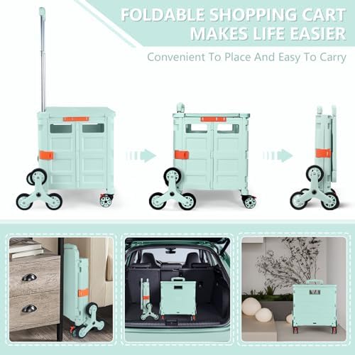 Foldable Utility Cart with Stair Climbing Wheels,Collapsible Rolling Crate with Magnetic Lid Telescopic Cover,Telescoping Handle,360° Rotate Wheel Hand Cart for Teacher Shopping Moving Grocery(Green) - Image 4