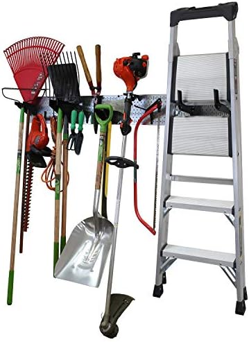 Wall Control Garage Storage Rack Lawn & Garden Tool Organization Wall Mount Organizer - Easy to Install 64" Wide Strong Galvanized Steel Pegboard Set (Shiny Metallic Pegboard) by Wall+Control