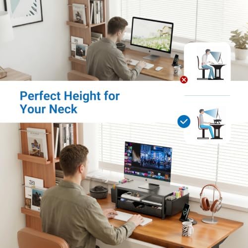 OPNICE Desk Organizers and Accessories, Computer Monitor Stand Riser with Drawer and 2 Pen Holders, Printer & Laptop Stand, Office Desk Accessories & Workspace Organizers for Home Office Supplies, Metal Black - Image 7