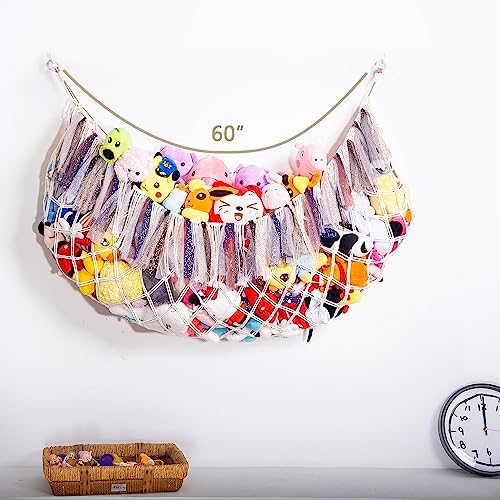 Large Stuffed Animal Net or Hammock with Light Wall Hanging Organizer for Kid Room Toy Storage Net Bedroom Playroom Plush Toy Holder-Cream - Image 5