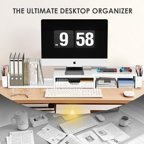OPNICE Desk Organizers and Accessories, Dual Monitor Stand Riser with Drawer and 2 Pen Holders, Desk Shelf Computer Racks & Printer Stand for Office Workspace Organizers, Desktop Organization (White) - Image 5