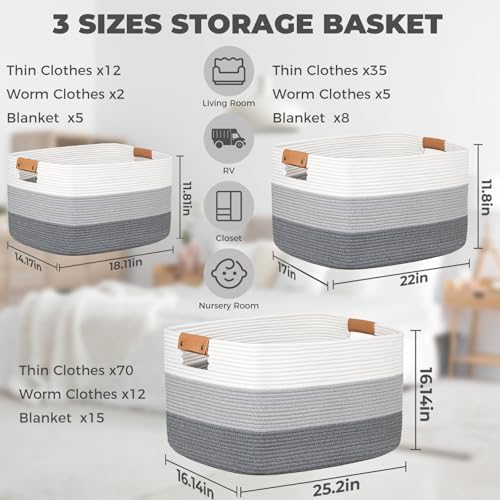 danpinera Blanket Basket, 72L Rectangle Large Basket for Living Room, Baby Room & Laundry, Woven Cotton Rope Toy Bin Baby Nursery Room Storage, 22’’*17’’*11.8’’, Gradient Grey - Image 5