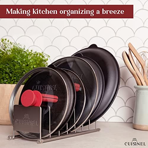 Cuisinel Lid and Dish Organizer Rack - 2-Pack Satin Nickel Kitchen Storage Organization Stand - Plate Holder, Pan/Pot Covers, Cutting Board and Cookie Sheet Divider - 7-Tier Cabinet/Counter Display - Image 5