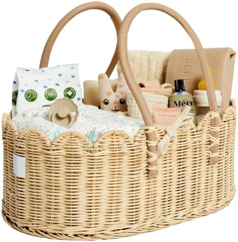 BEBE BASK Premium Baby Diaper Caddy Organizer - Scalloped Rattan Basket by BEBEBASK%C2%AE