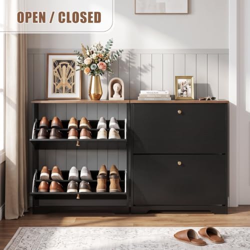 Nicetree Shoe Cabinet, 2 Flip Drawers Slim Black Walnut Top Entry Storage - Image 5