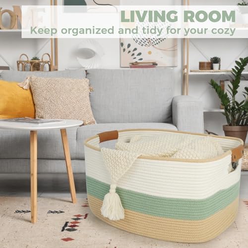 danpinera Large Woven Basket, 108L Rectangular Woven Storage Basket with Leather Handles, Stylish Organizer Bin for Home, Office, Laundry, Toys, or Blankets, 25’’*16’’*16’’ White & Green & Jute - Image 4