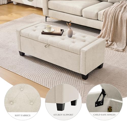 Huatean Home 43" Ottoman with Storage, Beige Storage Ottoman Bench - Image 3