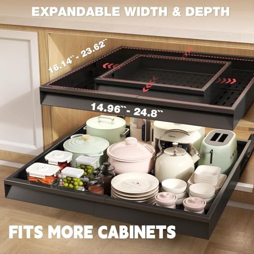 Seinloes Pull Out Cabinet Organizer, 4-Side Expandable to Fit Most Cabinets, 3 Rail Slide Out Drawers with Raising Pad for Framed & Frameless Cabinets, 15"-25" W x 17"-24" D, Black, 2 Pack - Image 2