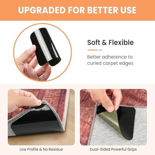 BAGAIL Rug Grippers 20 Pcs, Non-Slip Rug Corner Grips for Hardwood Floors & Tile, 4x4in Reusable Double-Sided Adhesive Carpet Tape to Prevent Sliding & Tripping Hazards for Pets, Kids, Family - Image 4