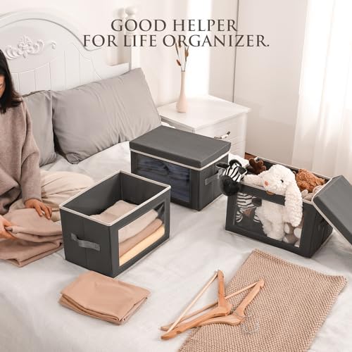 Homsorout Storage Bins with Lids - Fabric Storage Boxes with Window, Collapsible Closet Organizers with Handles, 3 Pack Decorative Bin, Home Cubes Baskets for Clothes, Hat, Books, Dark Grey - Image 3