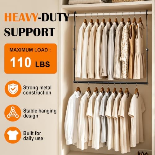 Adjustable Closet Rods for Hanging Clothes, Heavy-Duty Metal Hanging Closet Rod Extender, Clothes Hanging Bar with 9 Height Adjustments, Space-Saving Closet Hanging Storage Organizer - Image 3
