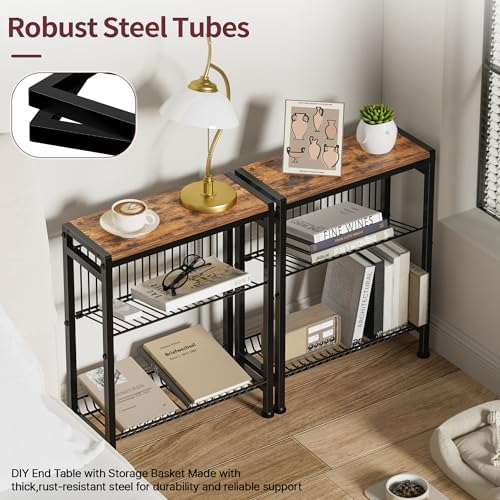 Narrow Side Table for Small Space, 3-Tier End Table with Magazine Holder,Slim Nightstand with Wire Shelf, Skinny Bedside Table in Living Room, Bedroom, Study, kitchen and Balcony (Rustic Brown) - Image 5