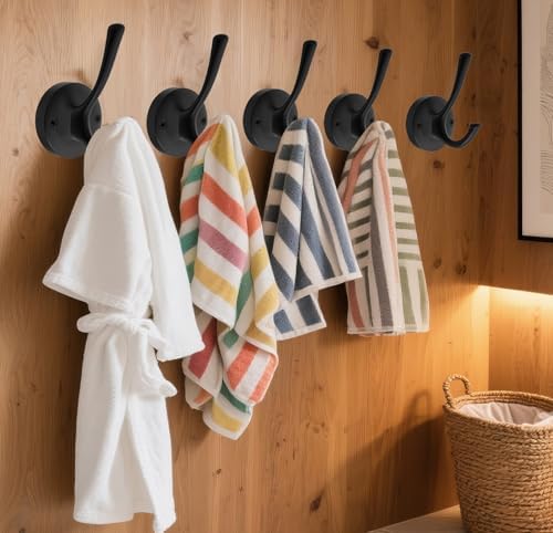 TOFIIGREM Black Towel Hooks for Wall, 5 Pack Coat Robe Hook Heavy Duty Metal Double Bath Hook Wall Mounted, Hat Hooks for Cubicle Bathroom Kitchen Closet Garage - Image 3