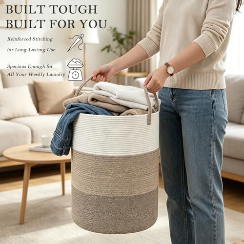 70L Woven Laundry Basket,Large Clothes Hamper with Handles- Brown - Image 5