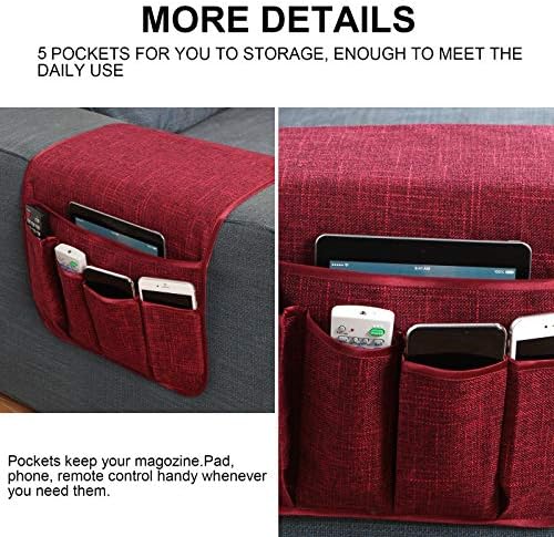 Sofa Armrest Organizer Non-Slip Remote Control Holders for Recliner Couch Chair Armchair Caddy with 5 Pockets for Table,Cell Phone,Ipad,Magazines,Books (Winered, 13 x 35 Inch) - Image 2