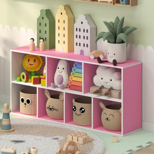 Furinno LUDER 7-Cube Book Shelf, Kids Bookshelf, Toy Storage, White/Pink by Furinno-FitsYourSpaceFitsYourBudget