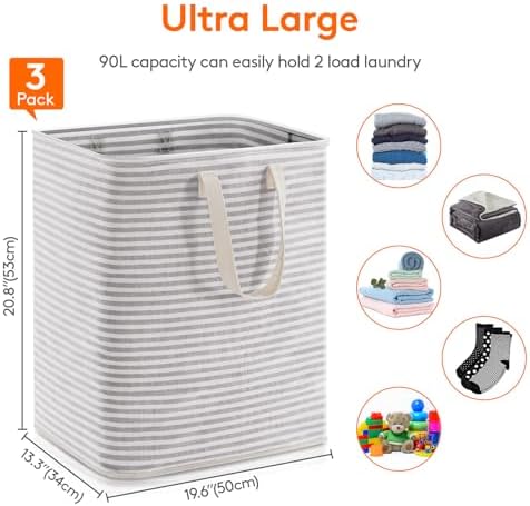 Lifewit 90L Large Laundry Baskets, Laundry Hampers Bags, 3 Pack, Grey - Image 4