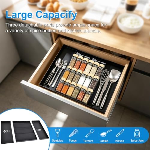Expandable Spice Drawer Organizer with 5 Compartments & 2 Utensil Slots, Heavy-Duty Large Capacity Multi-Functional Kitchen Spice Rack for Drawer Cabinet Tray, Black - Image 2